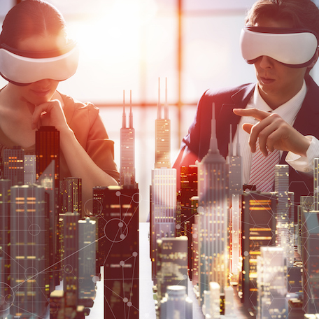 two business persons are developing a project using virtual reality goggles. the concept of technologies of the future
